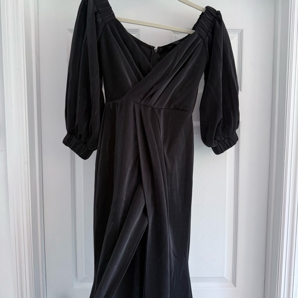 SYMPHONY Black Silvery Off The Shoulder Puff Sleeve Evening Gown Front Slit S - Picture 7 of 11